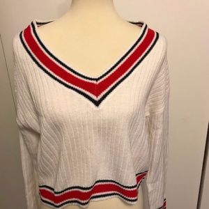 White Varsity Style V Neck Ladies Crop Sweater
